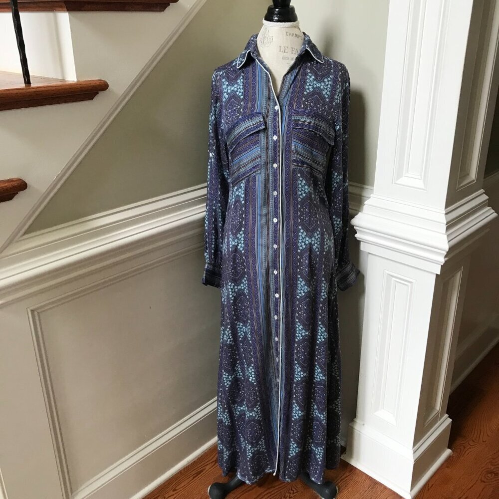 Omika Palma Maxi Shirt Dress Womens XS Blue Long Sleeve Button Down Modal Boho - Picture 2 of 11